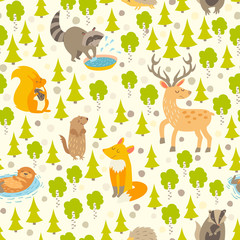 Cute animals seamless pattern. Cute pattern for kids. Deer, raccoon, otter, squirrel, fox, squirrel, gopher