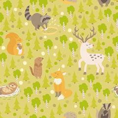 Eurasian animals seamless pattern. Forest abstract map with animals: deer, raccoon, otter, squirrel, fox, squirrel, gopher on colored green background.
