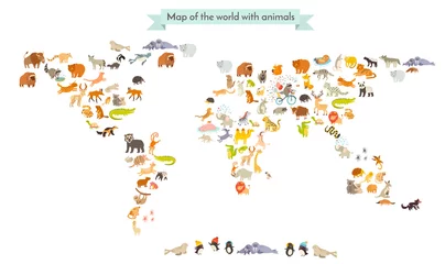 Silhouetten der Weltsäugetierkarte. Weltkarte der Tiere. Lokalisiert auf weißer Hintergrundvektorillustration. Bunte Cartoonillustration für Kinder und andere Leute. Ausbildung © coffeee_in