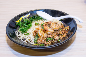 Spaghetti with shrimps and tomato sauce, italian cuisine