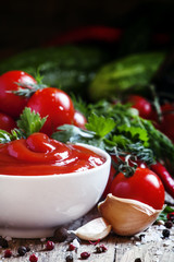 Tomato ketchup sauce with garlic, spices and herbs with cherry t