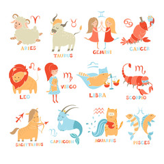 Funny zodiac set. Hand drawn. Colored vector illustration isolated on white background.