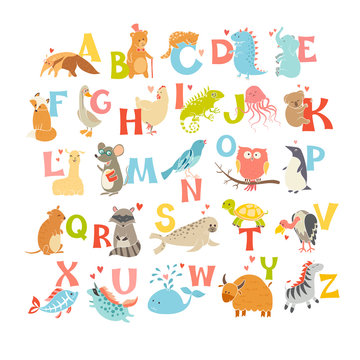 Cute vector zoo alphabet. Funny cartoon animals. Vector Illustration EPS10 isolated on white background. Letters. Learn to read