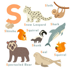 S letter animals set. English alphabet. Vector illustration, isolated on white background