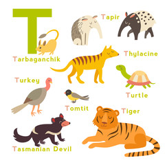 T letter animals set. English alphabet. Vector illustration, isolated on white background