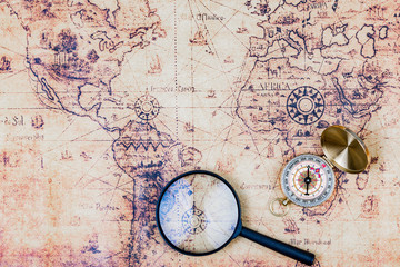 Treasure Map with old Compass telescope and magnifying glass