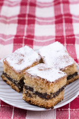 Cakes with poppy seed on the red and white tablecloth
