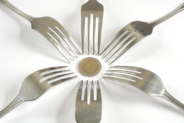 Money euro cents and dining fork to eat