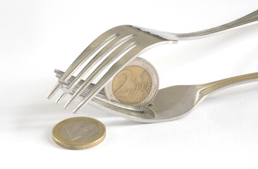 Money euro cents and dining fork to eat