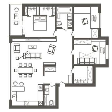 linear architectural sketch plan of three bedroom apartment