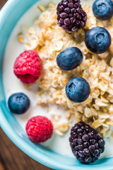 Bowl with oat porridge and berry fruits