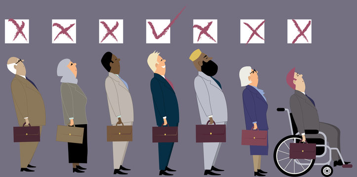 Line of diverse candidates for a job with a check boxes above their heads as a metaphor for  a discrimination during an employment interview, EPS 8 vector illustration