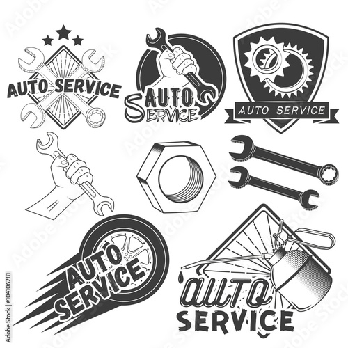 "Vector set of auto service labels in vintage style. Car repair shop
