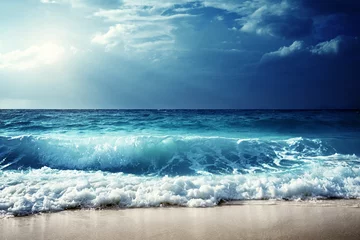 Badkamer foto achterwand Oceaan golf golven op het strand van de Seychellen