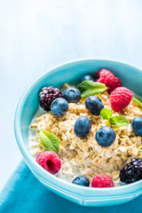Light diet cereal breakfast with sumer fruits, wellbeing concept