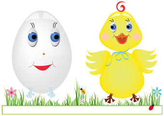 Egg and chicken on the grass with a narrow frame for text vector format