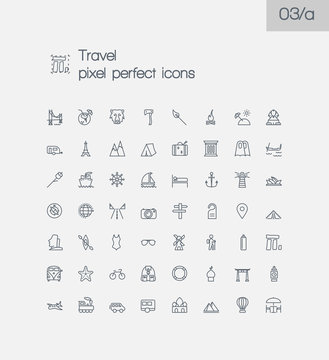 Travel and tourism modern thin line pixel perfect icons set. Pre