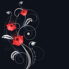 Abstract black background with white and red flower ornament.