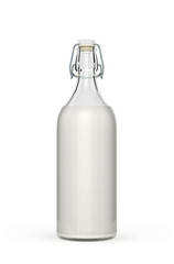 glass bottle full of milk with a plastic hammer isolated on whit