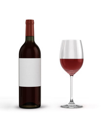 with red wine bottle and glass with wine isolated on white backg