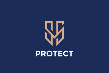 Shield Protection Logo letter M vector linear style Logotype
