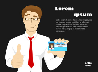 Illustration of businessman holding blank id card in flat style. Vector illustration. Business and success concept.