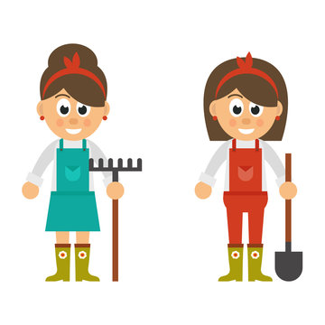 cartoon woman with a rake and with shovel