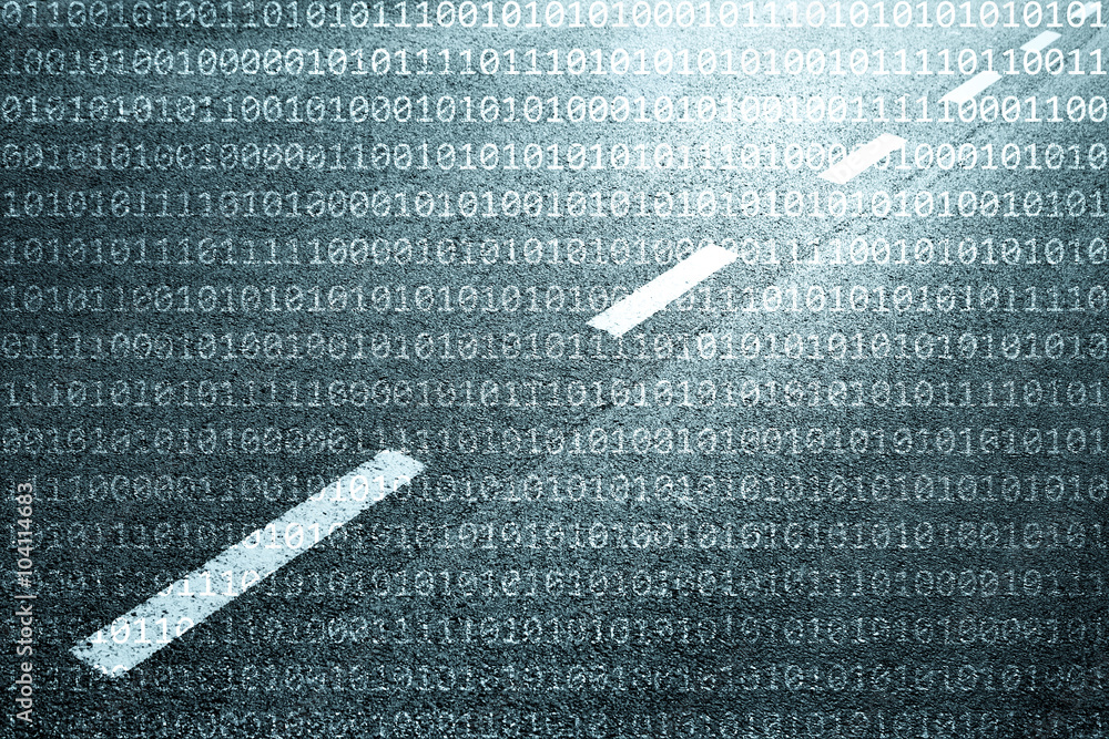 Poster concept binary code numbers travel information on blue road background. conceptual information super