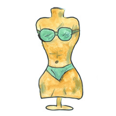 Mannequin in a green lingerie cartoon watercolor isolated