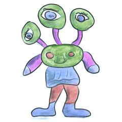 Green alien cartoon watercolor isolated