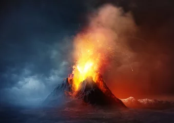 Crédence de cuisine en verre imprimé Marron profond Éruption volcanique. Un grand volcan en éruption de lave chaude et de gaz dans l& 39 atmosphère. Illustration.