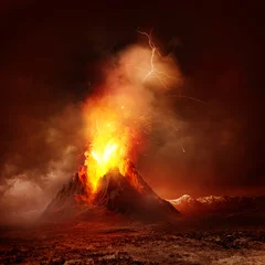 Fotobehang Vulkaanuitbarsting. Een grote vulkaan die hete lava en gassen uitbarst in de atmosfeer. Illustratie. © James Thew