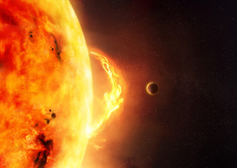 The Sun - Solar Flare. An illustration of the sun and sun flare with a planet to give scale to the size of the flare. © James Thew