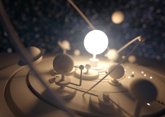 Planetarium Model. Planets and comets orbiting around the sun. Illustration. © James Thew