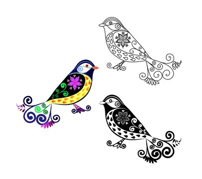 Titmouse bird. Cartoon image. Black and white and color variation. Possibility to paint the according to your idea. Elaborate drawing.