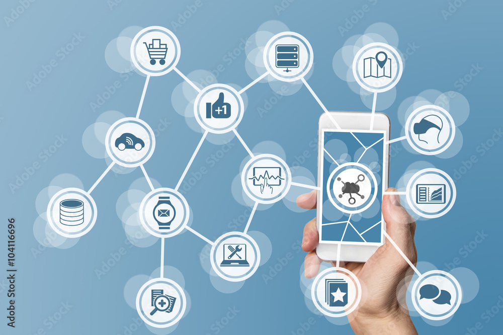 Poster mobile computing in the cloud with hand holding modern smart phone with touch screen