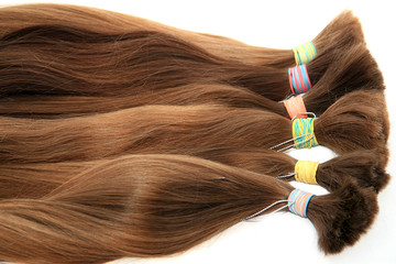 Hair extension equipment of natural hair. hair samples of different colors - obrazy, fototapety, plakaty