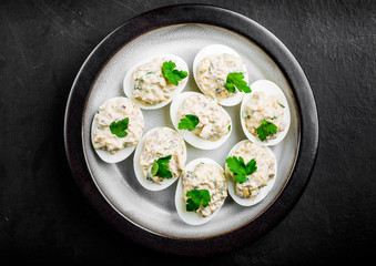 Deviled eggs with mushrooms and mayonnaise