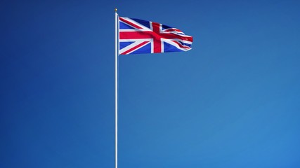 Great britain flag waving in slow motion against blue sky, seamlessly looped, long shot, isolated on alpha channel with black and white luminance matte, perfect for film, news, digital composition