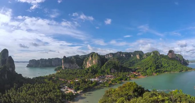Scenic aerial panorama timelapse of Railey beach coast in Krabi, Thailand near Phuket island. Mountains and tropical nature background