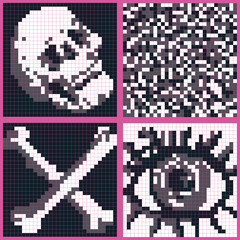Fototapeta premium Seamless pattern of pixelated eye, bones and skull.