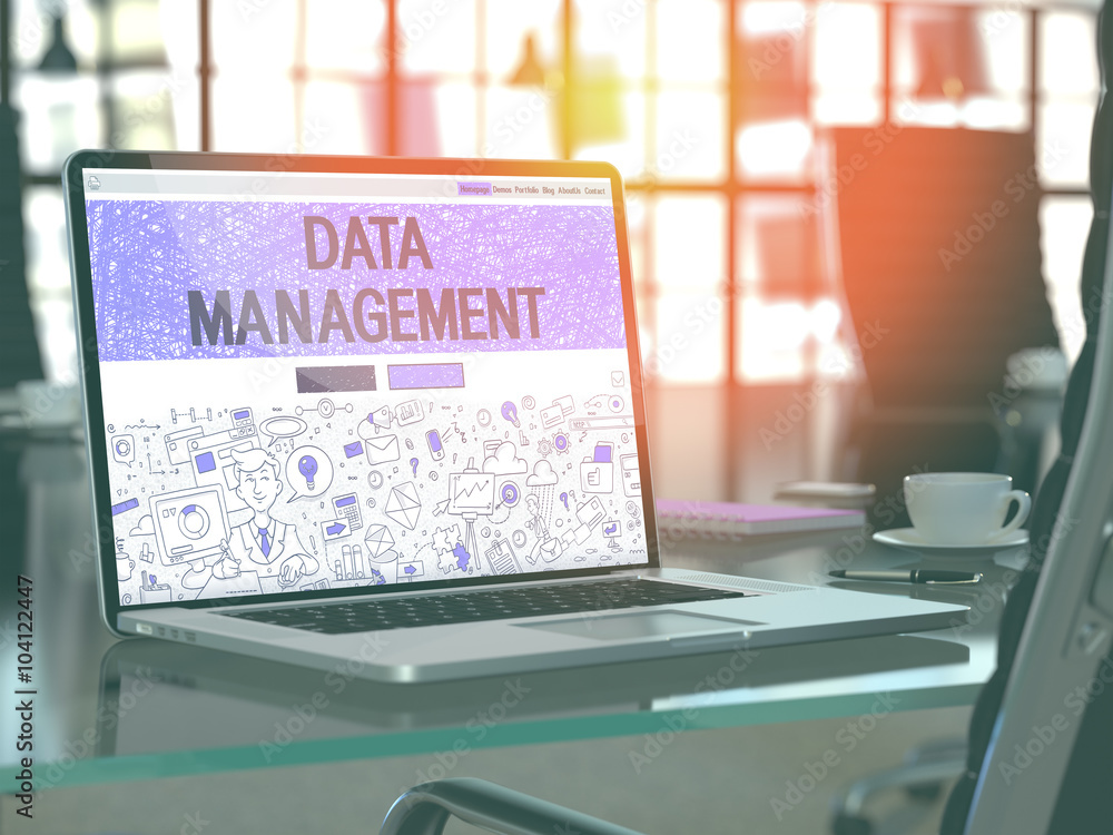 Poster data management concept closeup on landing page of laptop screen in modern office workplace. toned i