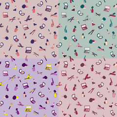 Set of seamless patterns with makeup cosmetics in different color tones