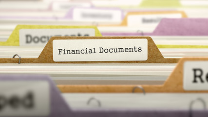Folder in Colored Catalog Marked as Financial Documents Closeup View. Selective Focus. 3D Render.