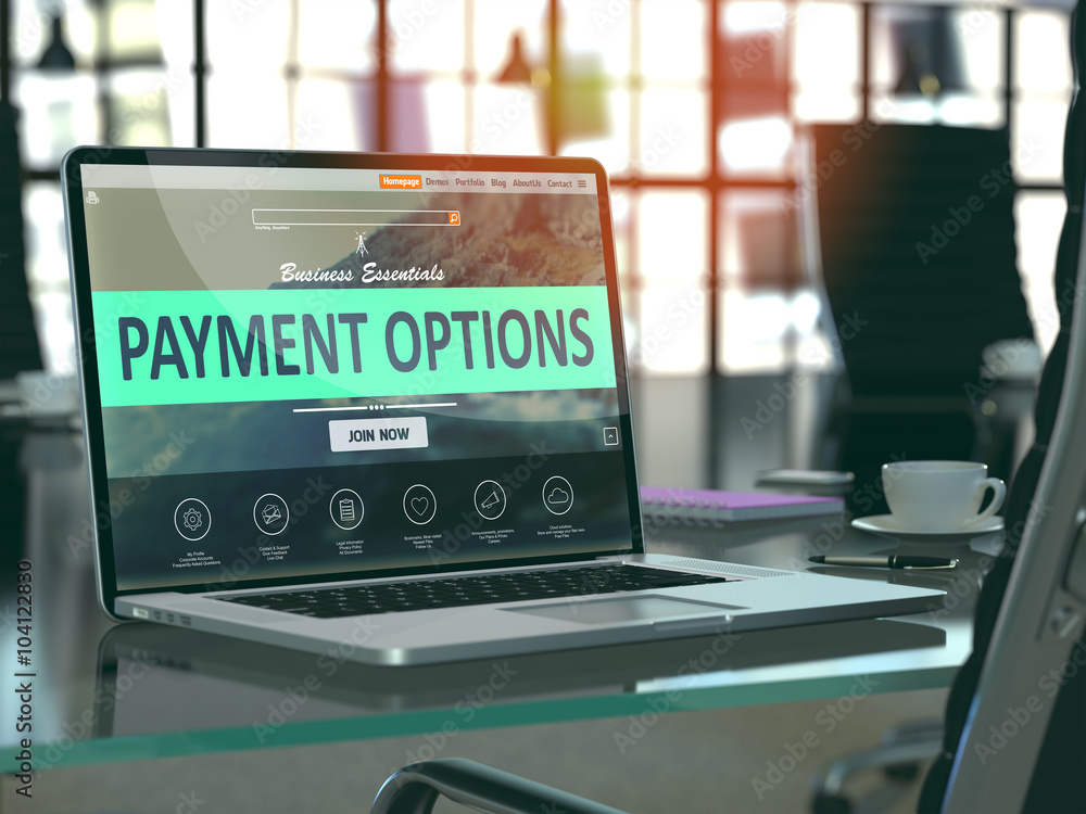 Poster modern workplace with laptop showing landing page with payment options concept. toned image with sel