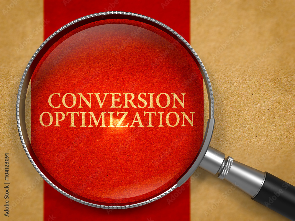 Poster conversion optimization concept through magnifier on old paper with crimson vertical line background