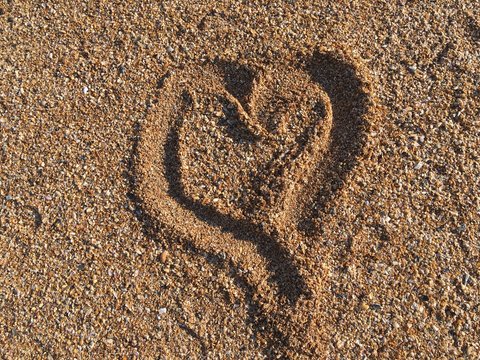A heart drawn in small seashells at the beach