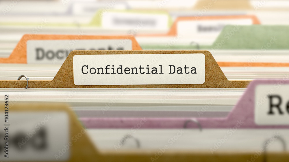 Poster confidential data concept. colored document folders sorted for catalog. closeup view. selective focu