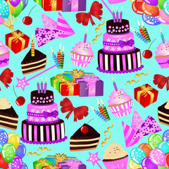 Birthday seamless pattern with birthday cake, cupcake, balloons, gifts on blue background. Colourful birthday wallpaper. vector illustration