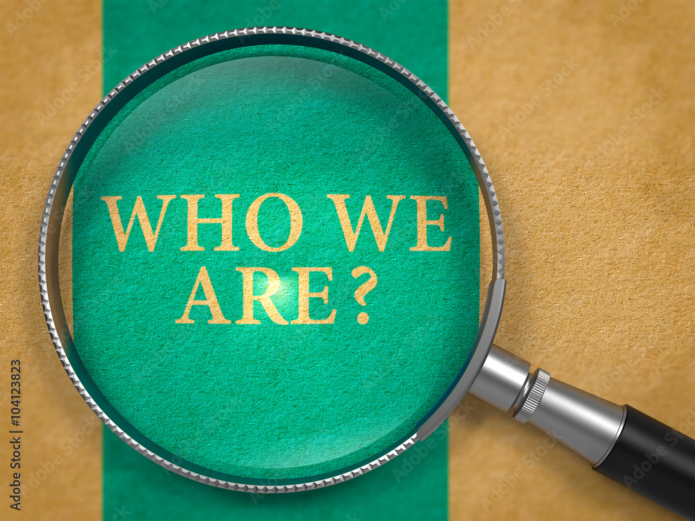 Poster who we are question through magnifier on old paper with blue vertical line background. 3d render.